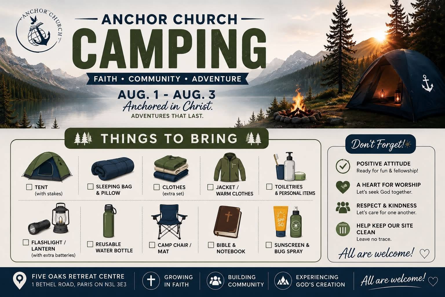 Annual Family Camp at Anchor Church London, August 1–3, 2026