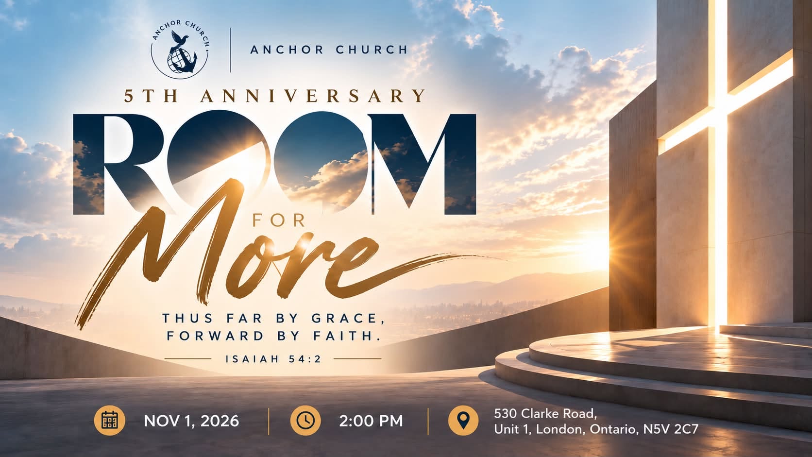 Anchor Church fifth anniversary invitation: Room for More. Thus Far by Grace, Forward by Faith.